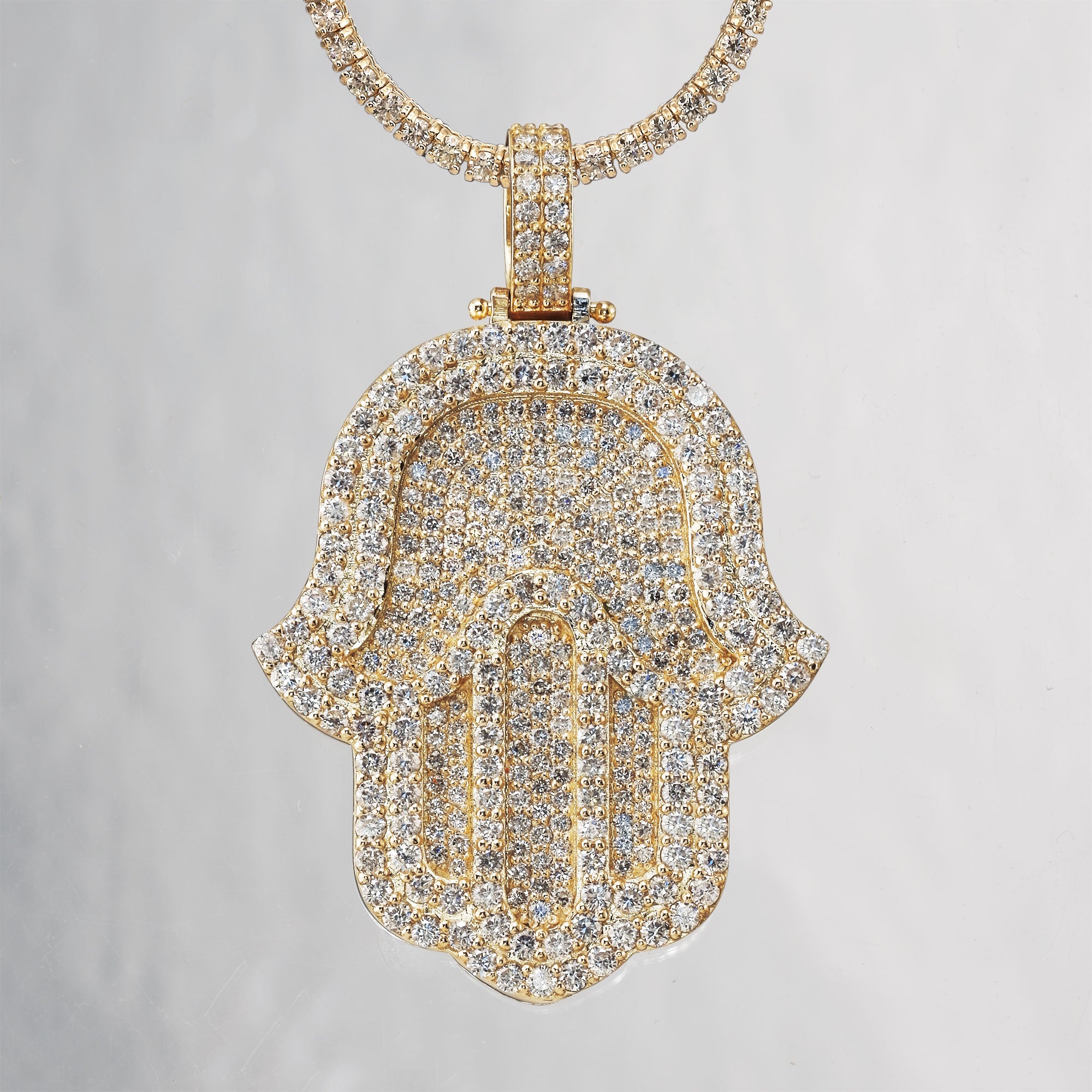 14K GOLD LARGE HAND OF GOD "HAMSA" DIAMOND PENDANT